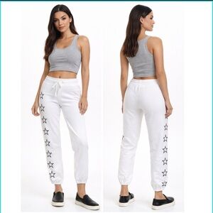 Monrow Vintage Sweats with Embroidered Outline Stars, White, Small